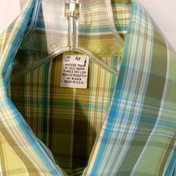 New Mens Western Cowboy Snap Shirt M Plaid short sleeve Mint Olive Blue collared - Picture 6 of 9